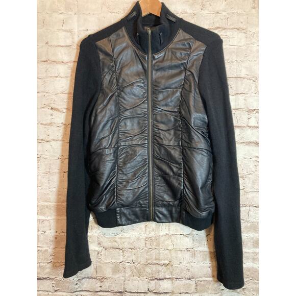 XCVI Jacket Womens Large Black Leather Angora & Wool Capsule Minimalist Ruched - Picture 1 of 13